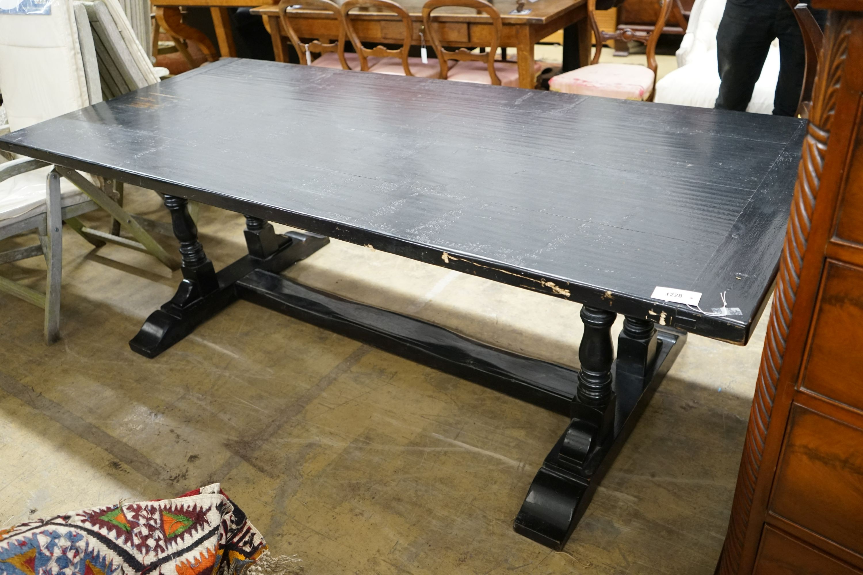 An 18th century style rectangular painted oak refectory dining table, length 229cm, depth 98cm, height 76cm